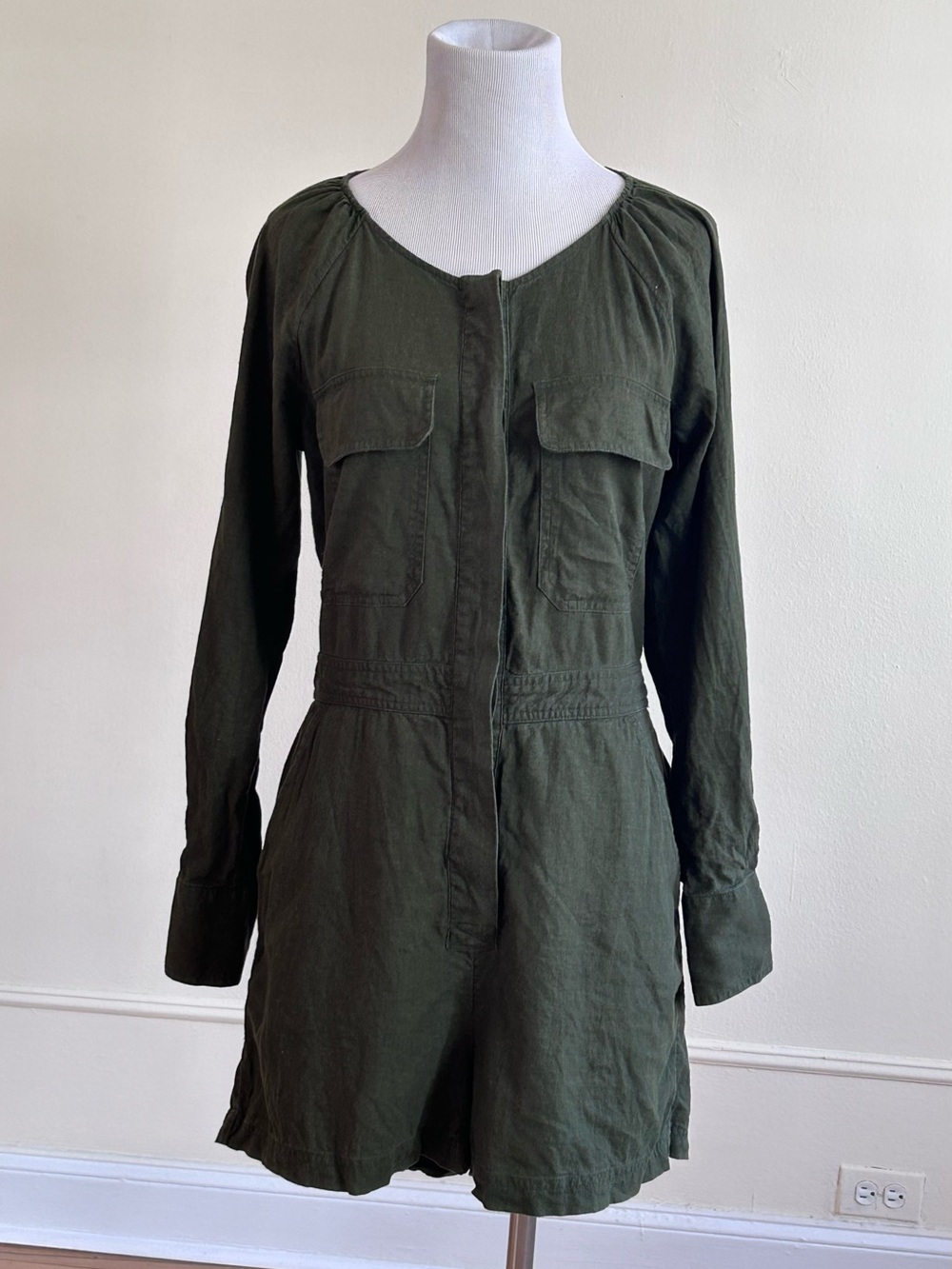 Banana Republic Olive Green Linen-Blend Petite Romper